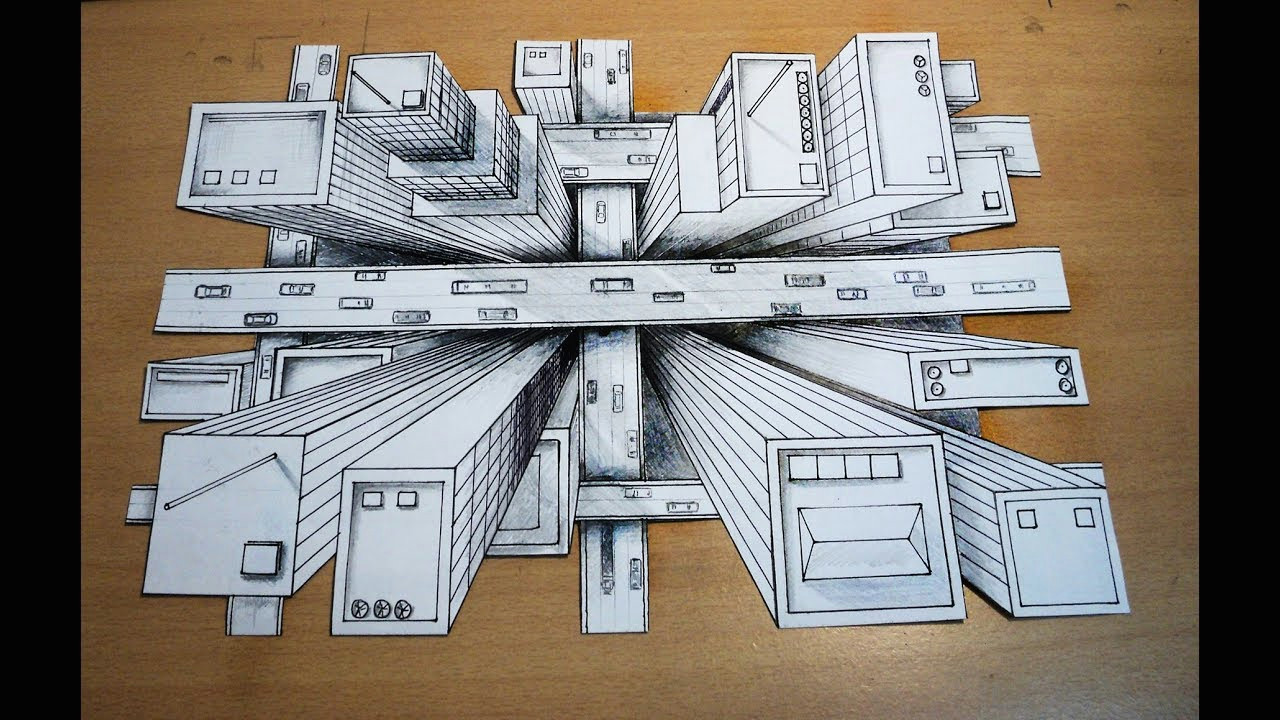 how to draw one point perspective 3d illusion high rise buildings bird s eye view