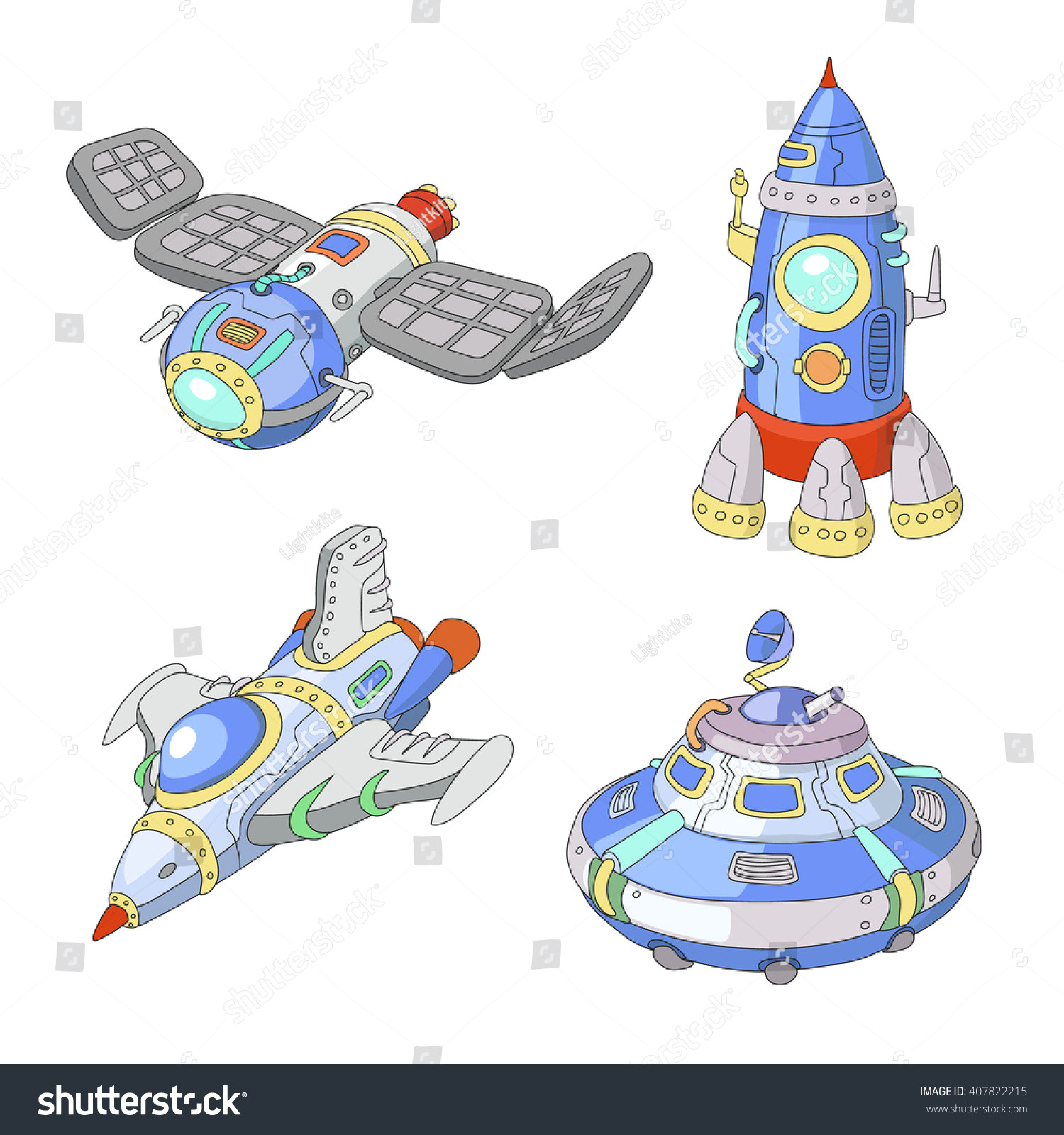 spaceship and ufo vector cartoon set rocket spacecraft
