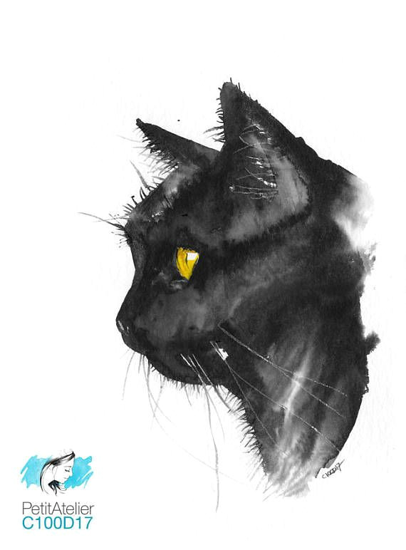 original gift unique watercolor cute black cat with