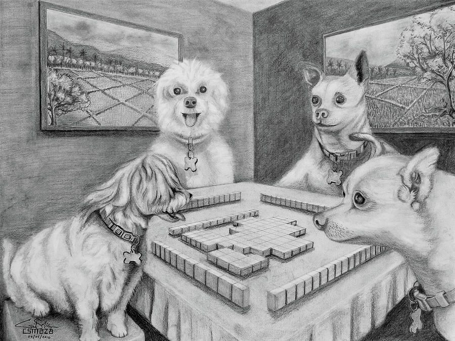 dogs playing mahjong drawing by cyril maza