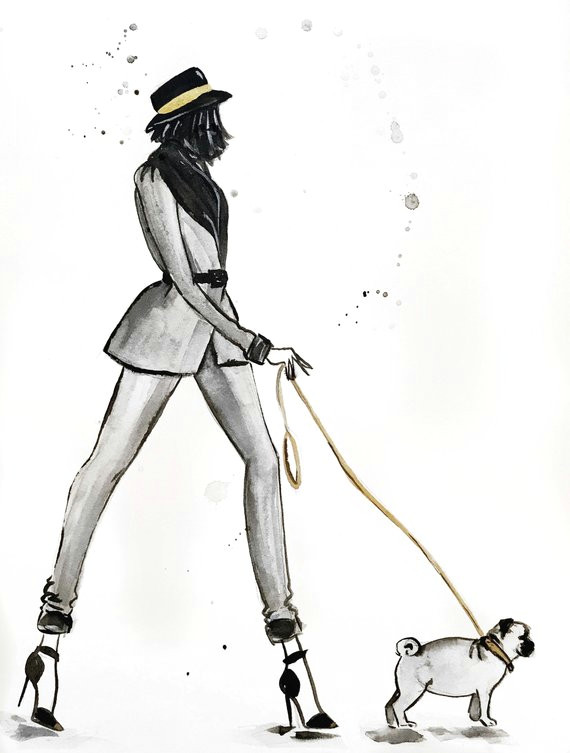 pug dog walker fashion illustration print