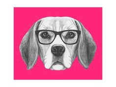 art print portrait of beagle dog with glasses hand drawn illustration by victoria novak
