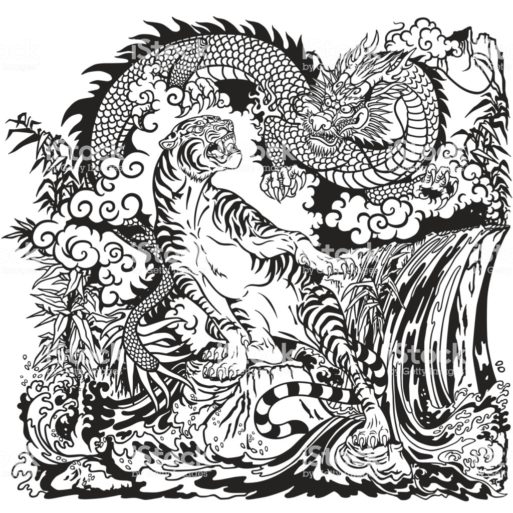 dragon versus tiger black and white illustration