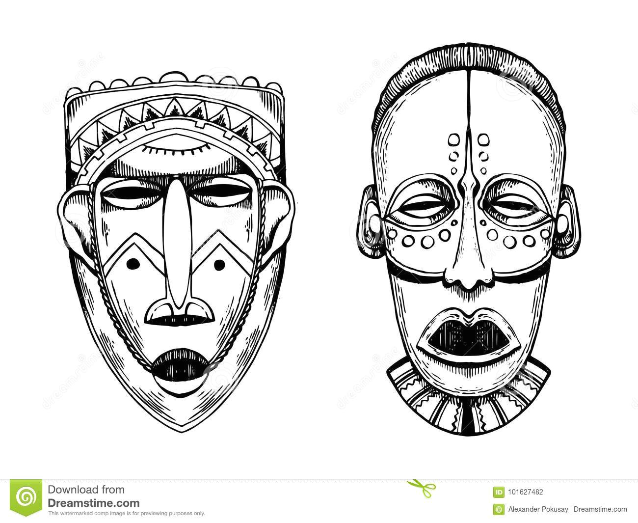 african masks of savages engraving style vector