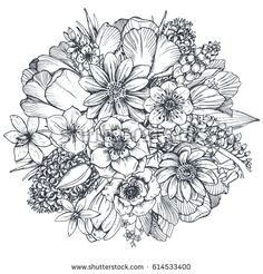 floral composition bouquet with hand drawn spring flowers and plants monochrome vector illustration in