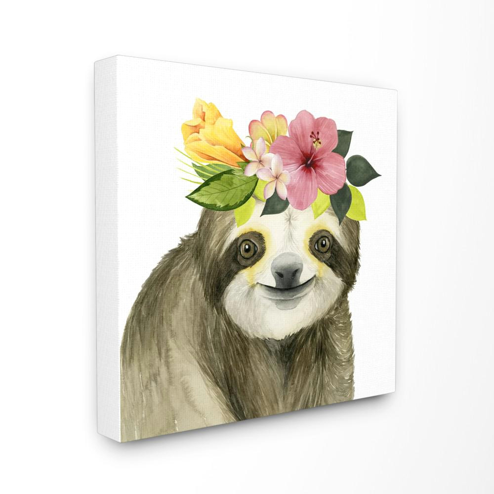 coachella ready sloth in flower crown by grace popp printed canvas wall art multi colored
