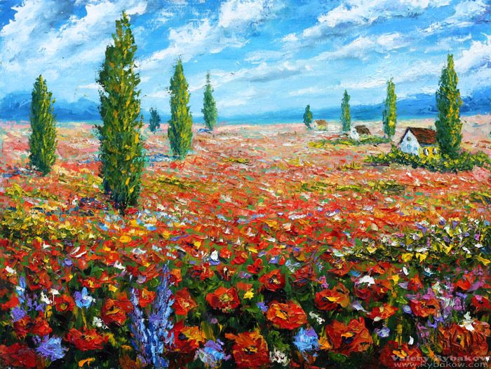 flowers oil painting the field of red poppies palette knife