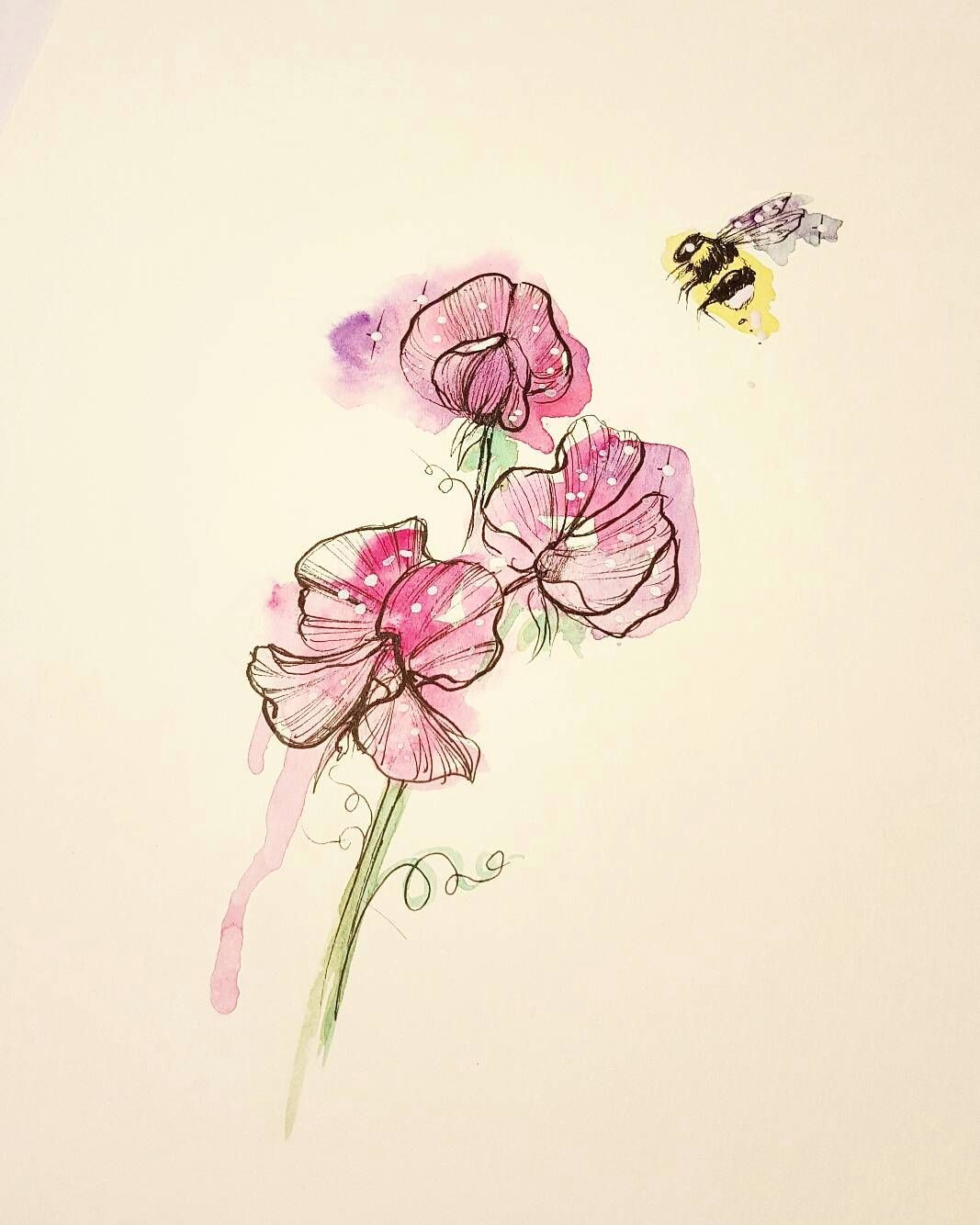 sweet pea bee d watercolourart watercolour windsorandnewton illustration sweetpea sweetpeatattoo beesofinstagram bee beetattoo
