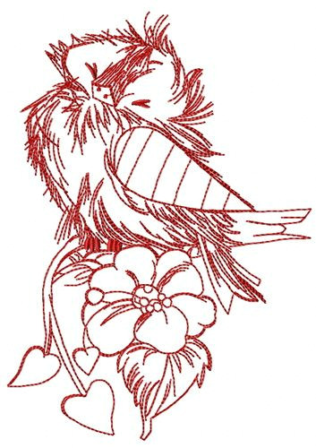 ruffled sparrow one color machine embroidery design red flower bird love cuteheart leaf onecoloreddesign blossom sketch lovely sparrow