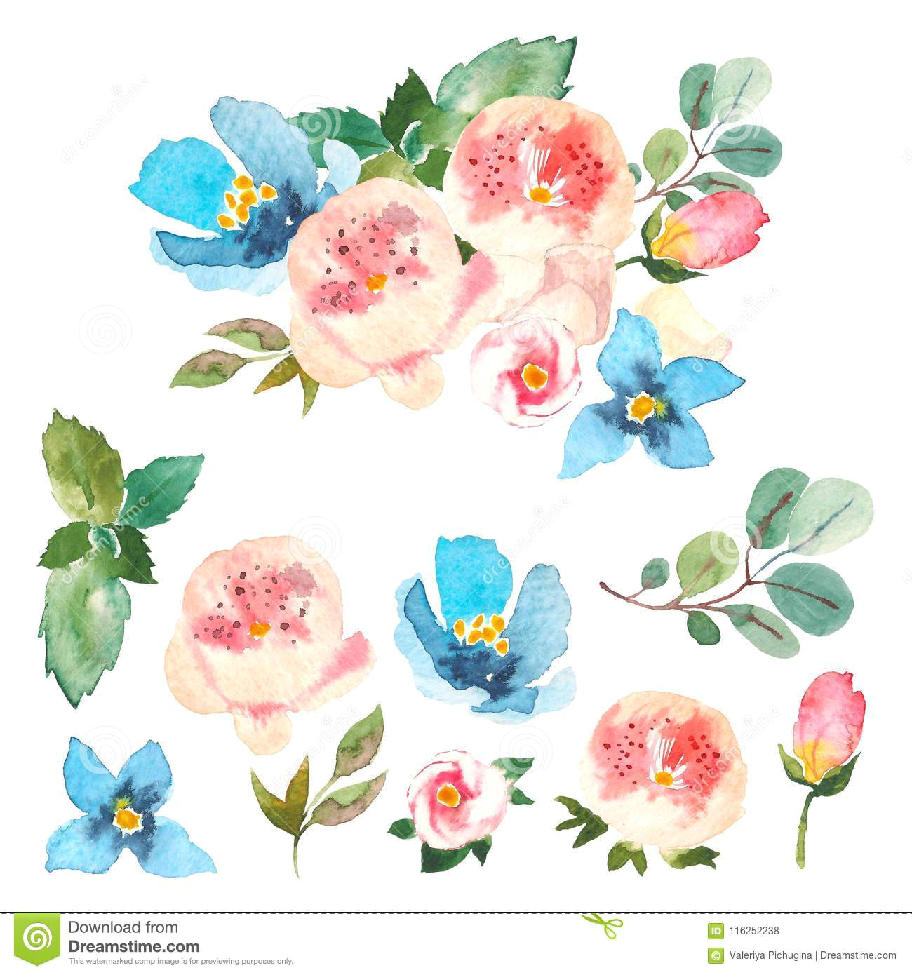 spring summer floral collection with flowers and beautiful bouquet pink roses and blue flowers eucaliptus