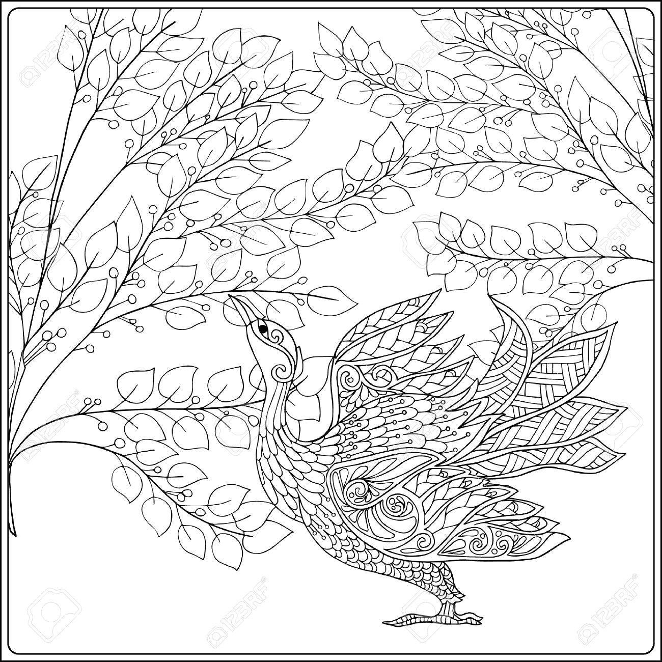 decorative flowers and bird coloring book for adult and older children coloring page