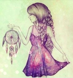 girl in galaxy dress with a dreamcatcher illustration