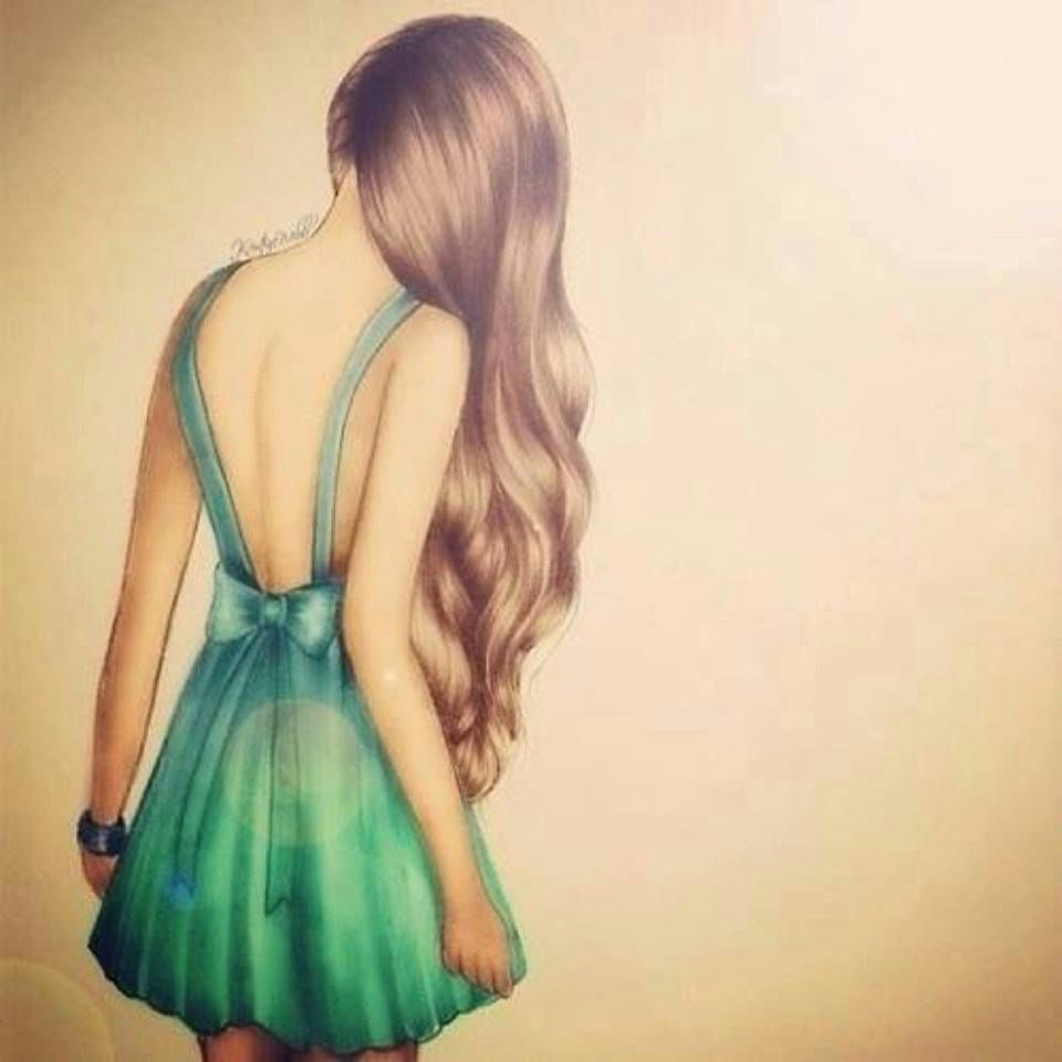 brown haired girls back with mint dress