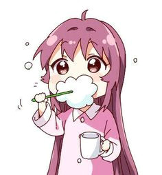 ahoge blush stickers brushing teeth bubble buttons chibi collar collared shirt cup foam foaming at the mouth long hair long sleeves lowres mug namori