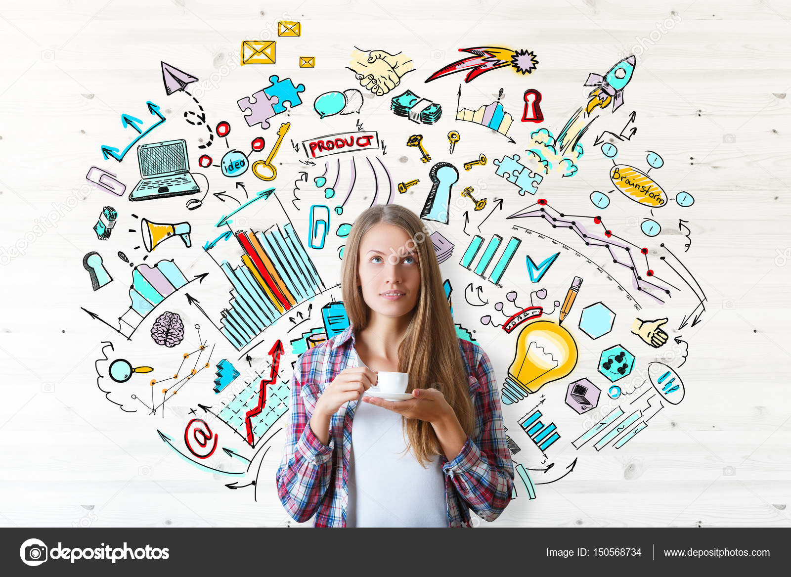 thoughtful young woman drinking coffee on wooden background with business sketch brainstorm concept stock