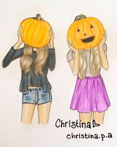 fall drawing of best friends with pumpkins done with prismacolors ig ctina pa