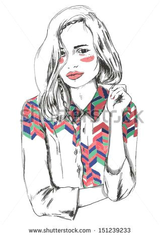 fashion sketch drawing girl stock vector