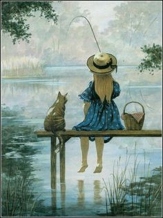 girl fishing cat fishing artwork paintings children s book illustration book illustrations