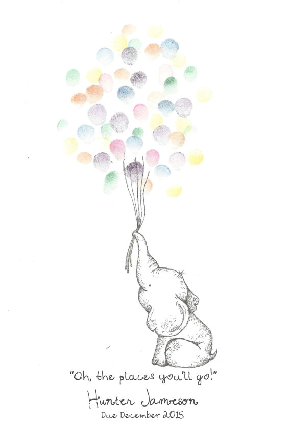 baby elephant holding a bundle of balloons fingerprint guest book shower birthday party art pen ink custom printable design