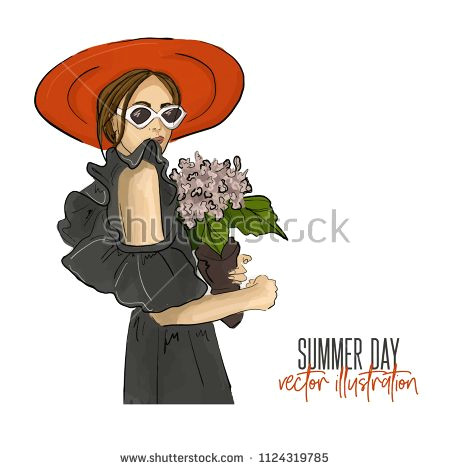 girl holding flower vector illustration romantic mood fashion glamour drawing young woman in sunglasses off shoulder dress with bouquet