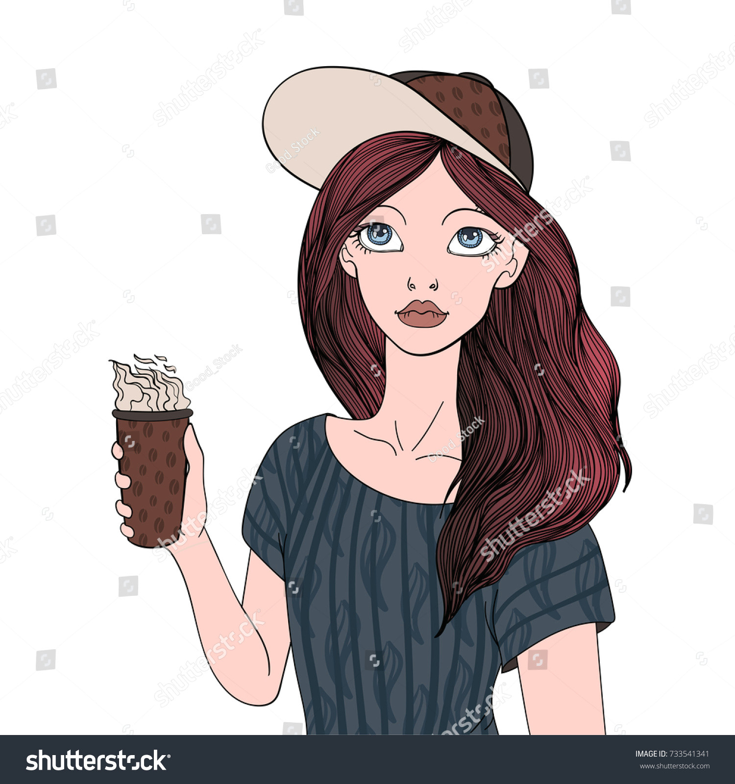 a young girl holding a cup of coffee hot drink portrait illustration isolated