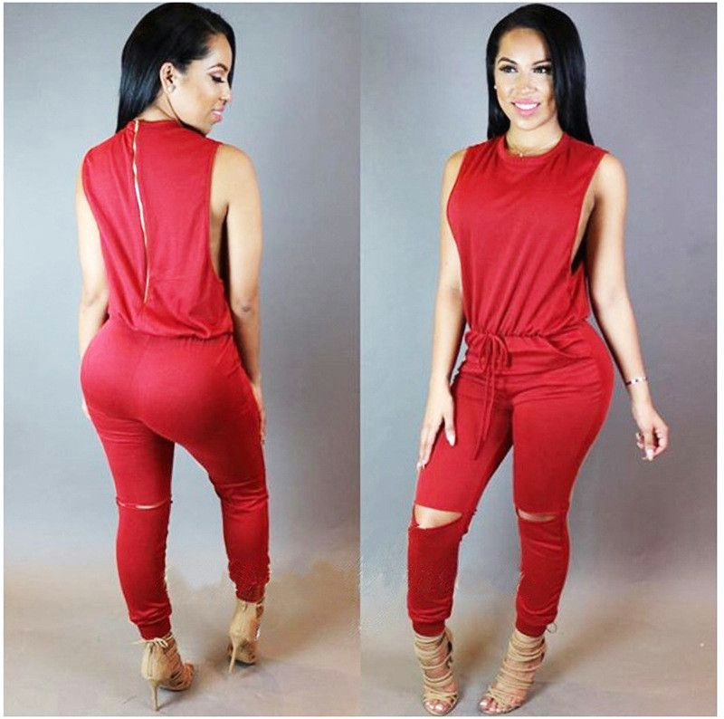 sleeveless draw string split knee long slim jumpsuit