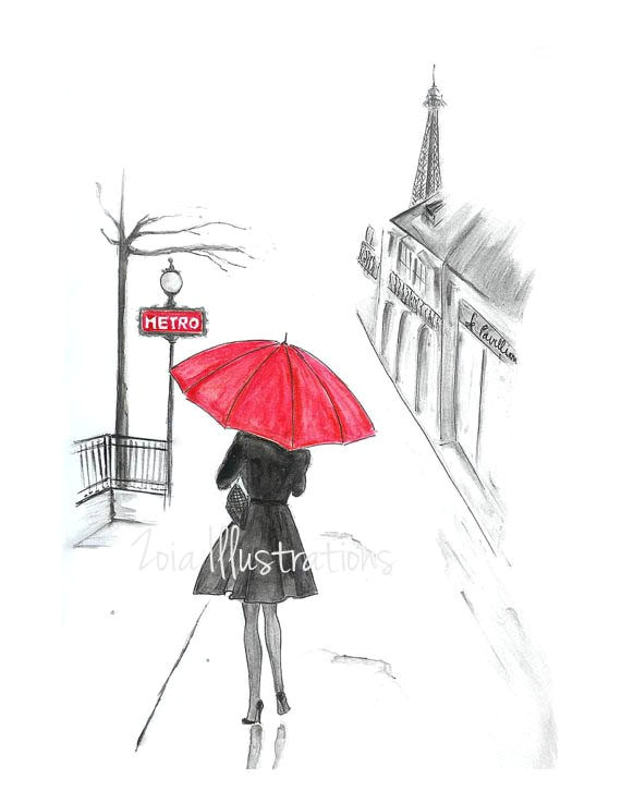 paris rain fashion illustration print red umbrella french girl paris girl bedroom art paris illus