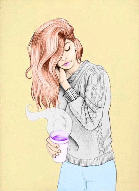 girl coffee sweater gray yellow blue amazing drawings cool drawings