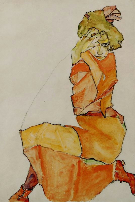egon schiele kneeling female in orange dress c 1910