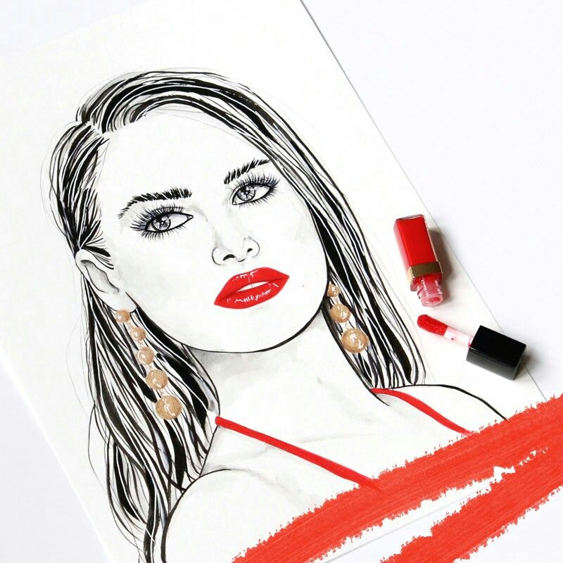 fashionillustration of a beautiful girl with red chanel gloss lips