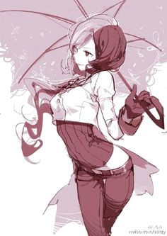 tall image short hair smile simple background white looking away heterochromia monochrome bicolored hair arched back sketch girl gloves belt umbrella