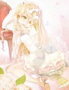 anime picture with original puracotte long hair single tall image blonde hair green eyes looking away girl dress bow flower flowers hair bow detached