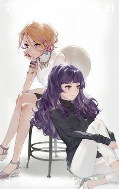 murasaki ootori chacha ekao long hair tall image short hair blonde hair multiple girls purple eyes fringe pink hair purple hair looking away inscription