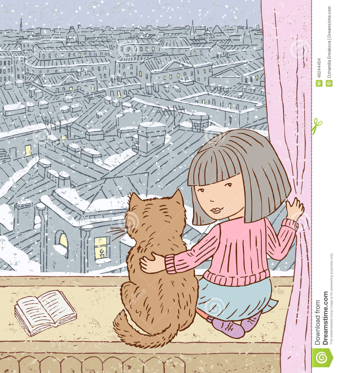 vector drawing of a little girl with a cat looking out the window in a winter city