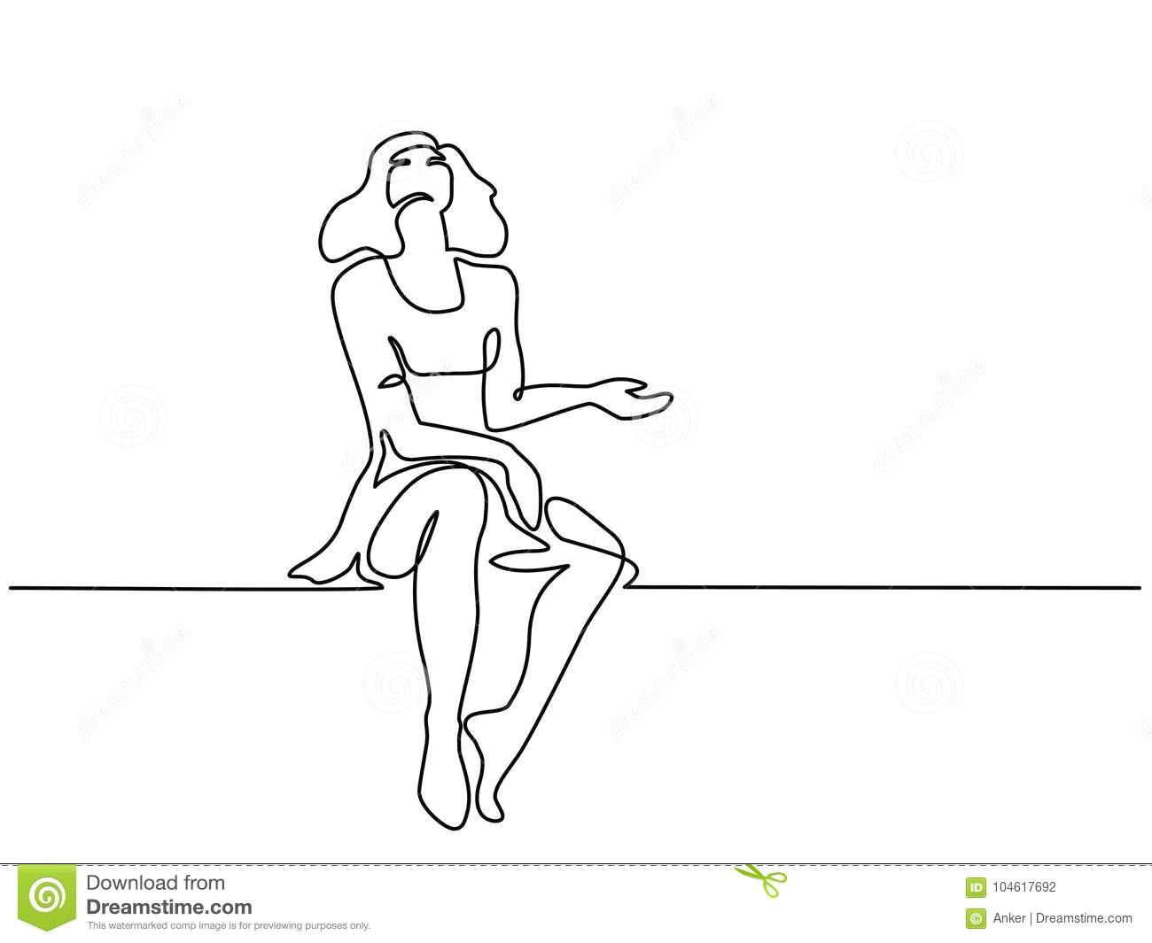 continuous line drawing woman sitting looking up and waiting rain vector illustration