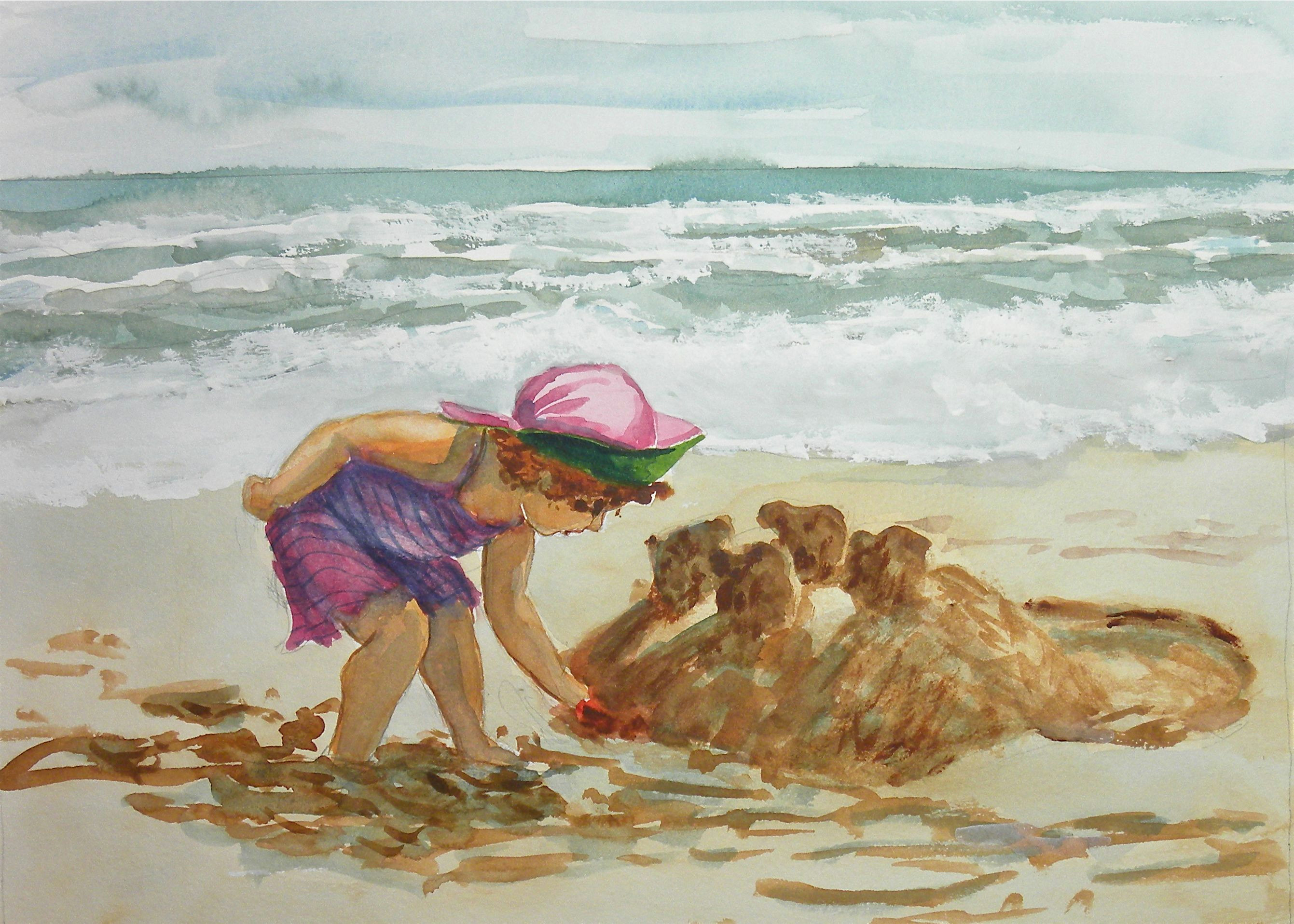 a young girl building a sandcastle at the beach www jeanniespaintings com