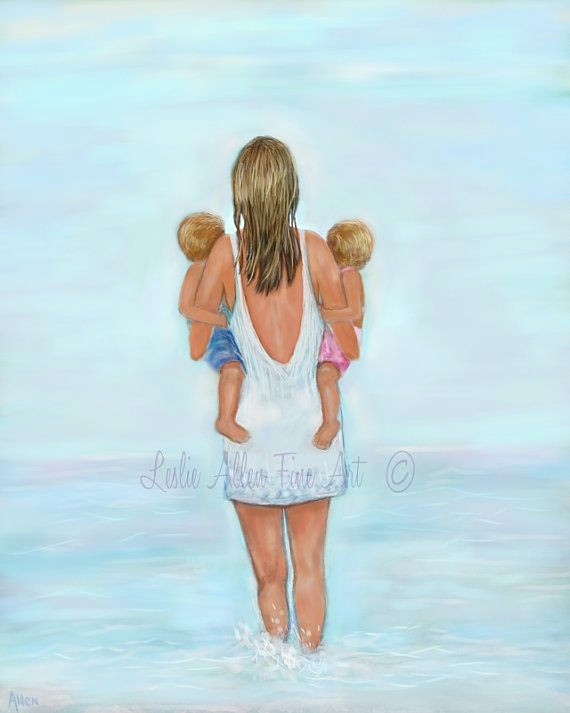 mother daughter son twins art print big sister mom boy girl beach art home decor family art giclee double the fun leslie allen fine art in 2019 leslie