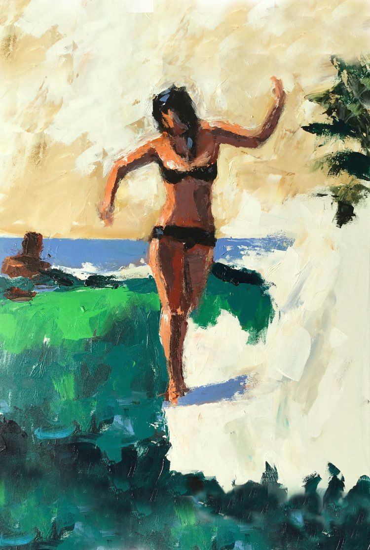 single fin female surfer surf art by john holm