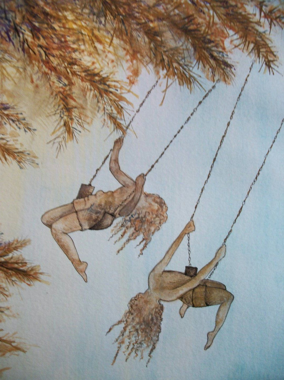 this is an original watercolor painting of two girls on swings in the trees this painting is done in shadowy golden tones it measures 8 5 x11 5 no mat