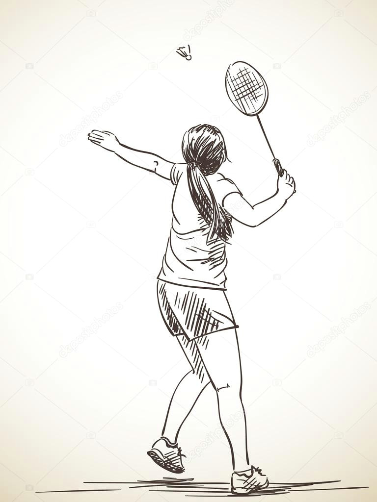 sketch of woman playing badminton vector illustration vektor od