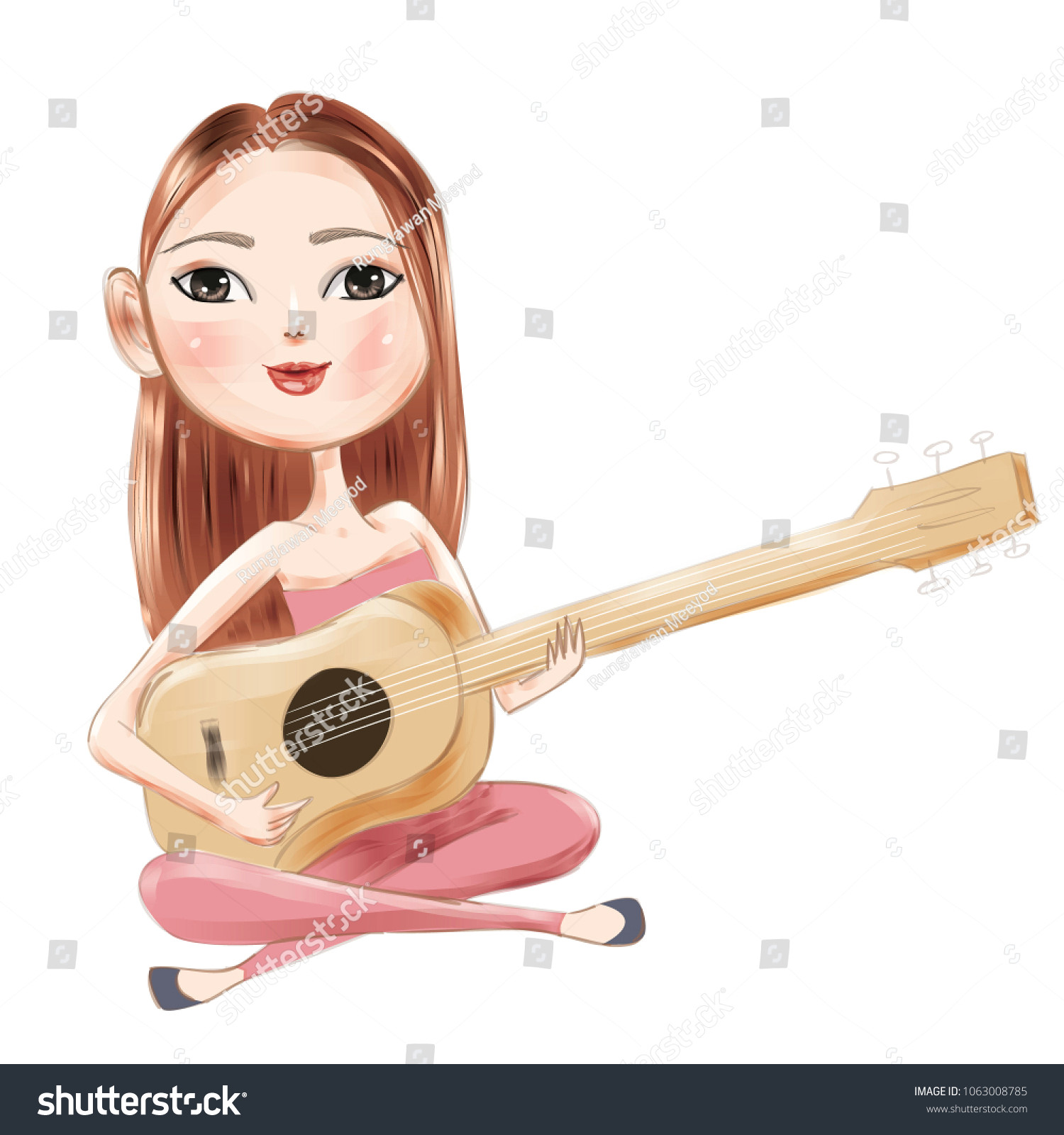young beautiful woman is playing a guitar musmucical performance teenager style portrait cartoon
