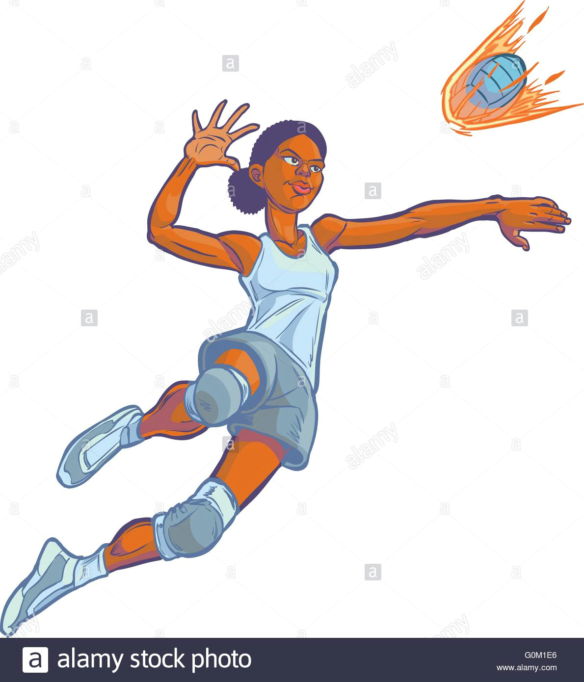 cartoon clip art illustration of an african american girl volleyball player jumping to spike an incoming