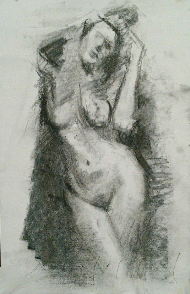 doorway female nude standing figure realistic sketch original charcoal drawing realism