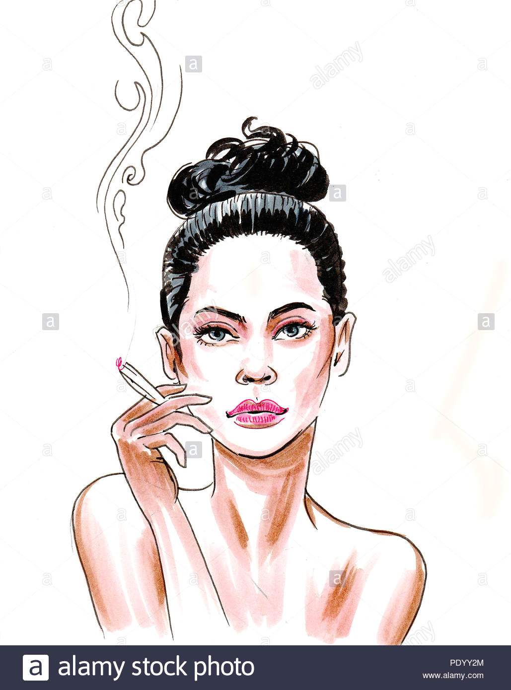 pretty woman with a smoking marijuana joint ink and watercolor illustration stock image
