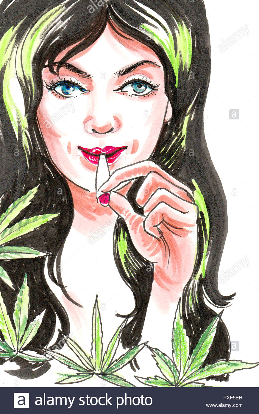 pretty woman smoking marijuana joint ink and watercolor illustration stock image