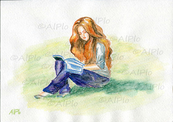 original watercolor painting girl student long red ginger by alplo 25 00