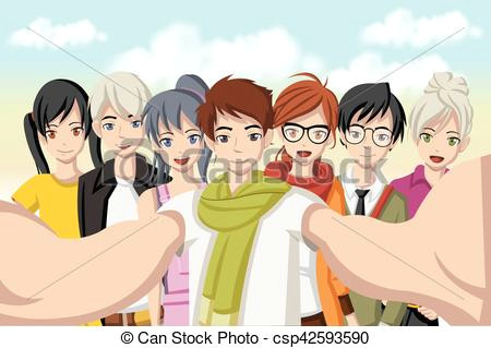 group of cartoon young people taking selfie photo picture of manga anime teenagers