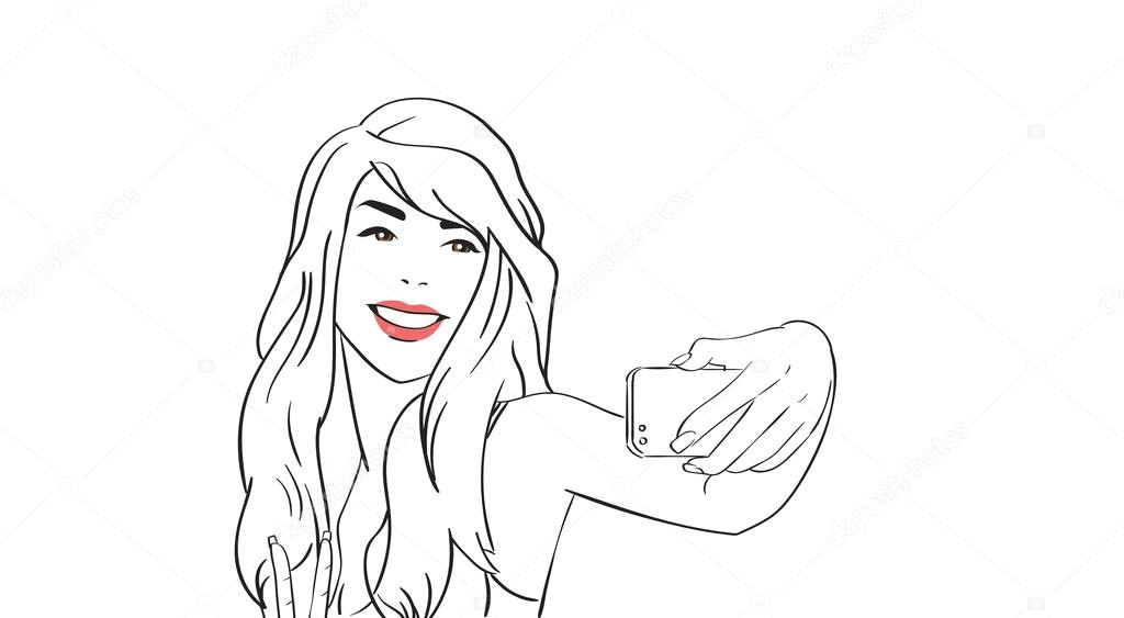 sketch girl take selfie photo on cell smart phone vector illustration wektor od mast3r