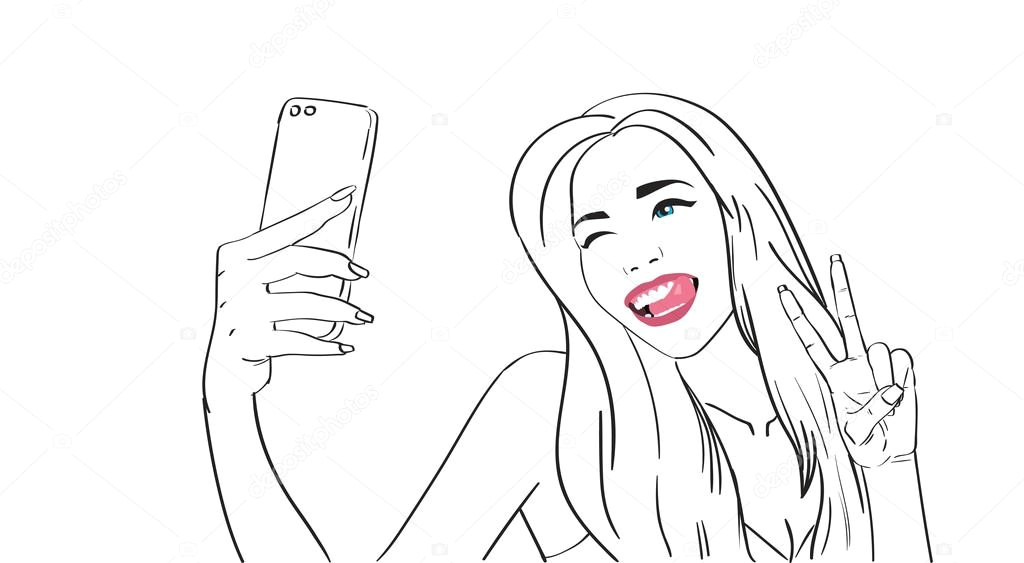 sketch girl take selfie photo on cell smart phone vector illustration wektor od mast3r