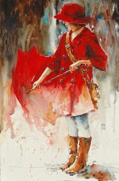 girl wearing a red coat hat holding a red umbrella art umbrella painting rain